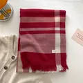 British style red and white plaid wool blend scarf with fringe and brand label - Gz-180 brick red / 188x70cm