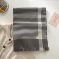 Classic grey and cream plaid wool blend scarf featuring soft fringes and a minimal label - Gz-182 Gray / 188x70cm