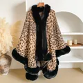 Chic leopard print shawl cape with luxury black faux fur collar and knit open front - One Size / Black