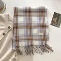 Plaid tassel scarf for women in blue and beige tones, elegant winter neck warmer wrap - Gz-172 Light Blue / 192x68cm