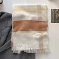 British style checkered wool blend scarf in beige and orange plaid with white tassels - Gz-183 Apricot / 188x70cm
