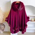 Macro detail of wine red shawl with faux rabbit fur collar and decorative pom-poms - 152x102cm / Rose Red