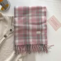 Pink and grey plaid scarf with fringe tassels and a branded label on soft fabric - Gz-175 Pink / 192x68cm
