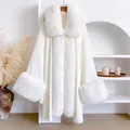 Detailed view of luxury white faux fur collar and knit fabric on a stylish cape coat - 98x130cm / White