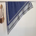 Minimalist blue and white diamond jacquard triangle scarf with fringe tassels for women - Sjj-006 Dark Blue / 180x90cm