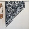 Dunkelblauer und weißer Retro-Schal mit Landschaftsdruck und Fransen im Toile-de-Jouy-Stil - Schwarz / 180x90cm