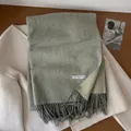 Winter double-sided 100% wool scarf in sage green with fringed edges and label - 195x65cm / Matcha Green