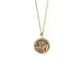 Macro detail of gold Pisces zodiac pendant with iridescent grey mother of pearl inlay - Pisces + Gray Mother of Pearl