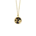 Macro shot of gold coin pendant featuring blue starry sky and Pisces constellation detail - Pisces + Black Mother of Pearl