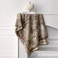 Detail of pashmina scarf with vintage floral landscape print and tassel edges - 185x65cm / Brown