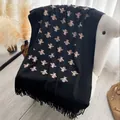 Black cashmere scarf with champagne bee embroidery and elegant long tassels - 200x70cm / Black