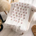 White cashmere-like shawl with brown bee embroidery and elegant fringed edges - 200x70cm / White