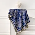 Navy cashmere shawl with white tropical floral jacquard and houndstooth fringe detail - Blue