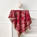 Detail of red and cream jacquard cashmere scarf with floral patterns and soft fringes - Red