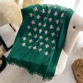 Dark green faux cashmere scarf with golden bee embroidery and fringed edges - 200x70cm / Green