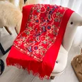 Thick red cashmere-style shawl with floral paisley embroidery and fringe trim - Red