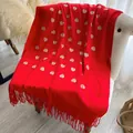 Red cashmere-feel shawl with white heart embroidery and long fringe tassels - Cx-050 Red / 200x70cm