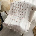 Beige cashmere shawl featuring brown heart patterns and fringed hem on an armchair - Cx-051 White / 200x70cm