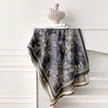 Navy and beige cashmere scarf with tropical floral sketches and houndstooth borders - Gray