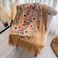 Camel cashmere winter shawl with colorful floral paisley embroidery and fringe trim - Camel