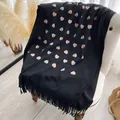 Black cashmere-like shawl with golden heart patterns and fringe trim for women - Cx-053 Black / 200x70cm