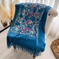 Thick navy blue cashmere-like shawl with intricate paisley floral embroidery and fringe - Blue