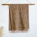 Ethnic paisley jacquard scarf with tassels in brown and blue-gray on wood bar - 200x65cm / Dark Brown (BXS-380)