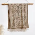 Ethnic paisley cashmere-feel cloak scarf in beige and ochre with long fringe details - Bxs-404 Khaki / 200x65cm