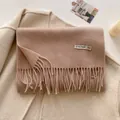 Thick imitation cashmere camel scarf with 10% wool and fringe detail for winter - 211x31cm / Dusty Pink