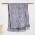 Ethnic paisley jacquard scarf in grey-blue and light purple with long fringe tassels - 200x65cm / Purple (BXS-384)