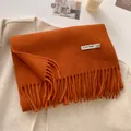 Thick orange cashmere-like scarf with 10% wool and long tassels for autumn and winter - 211x31cm / Orange Red