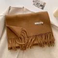 Thick caramel cashmere-like wool scarf with tassel fringe for winter warmth - 211x31cm / Tan