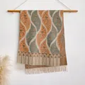 Böhmischer Pashmina-Schal mit Paisleymuster in Orange und Blaugrün mit Fransen - 200x65cm / Khaki