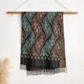 Vintage-Kaschmir-Poncho-Schal mit Fransen in tiefem Petrol und Kaffeebraun Mustern - 200x65cm / Schwarz