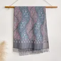 Bohemian cashmere shawl in blue and purple paisley print with tassel fringe finish - 200x65cm / Light Purple