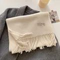 Thick cream cashmere-like scarf with tassels and 10% wool blend material label - 211x31cm / Off White