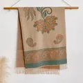 Bohemian paisley and orange floral knit shawl with fringes in warm khaki and earth tones - 200x65cm / Khaki