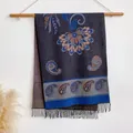 Deep purple paisley cashmere-feel scarf with ethnic embroidery and black tassels - 200x65cm / Deep purple