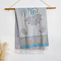 Boho paisley pashmina shawl in pastel tones with fringe hanging on wooden hook - 200x65cm / Grey Purple