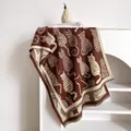 Brown jacquard kitten scarf with abstract cat patterns and decorative fringe trim - 185x65cm / Red Brown