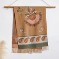 Ethnic paisley embroidered scarf with orange flowers and brown cashmere-feel tassels - 200x65cm / Tan