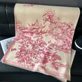 Detail of cashmere-feel scarf with pink Chinese garden scenery and elegant fringe edge - Deep Pink / 185x65cm