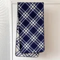 Macro detail of navy plaid cashmere-like scarf with reinforced black stitched edges - Dark Blue