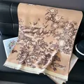 Beige cashmere shawl with vintage Chinese ink painting and elegant tassels - Nude / 185x65cm