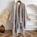 Ethnic bohemian paisley shawl wrap with white fringe trim and soft knit texture - Khaki