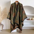 Detail view of olive green shawl with paisley patterns and fine black edge stitching - Tops / Olive Green / 130x152cm