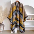 Ethnic bohemian style thick shawl cape with paisley and geometric patterns in warm tones - Lemon Yellow