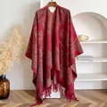 Ethnic paisley jacquard shawl with red tassels for women, warm winter poncho wrap - Top (BXS-441) / 145x130cm / Red