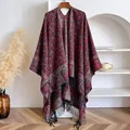 Detailed close-up of ethnic paisley floral jacquard shawl with thick black fringe tassels - Tops / 145x130cm / Dark Red (BXS-435)