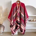 Ethnic geometric pattern shawl poncho in vintage red cashmere-like thick knit for women - Rose Red